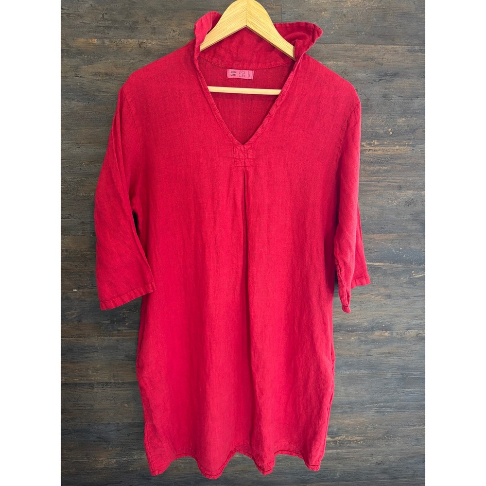 Made in Italy 100% Linen V-Neck Tunic Dress Red 3/4 Sleeve Pockets Lino